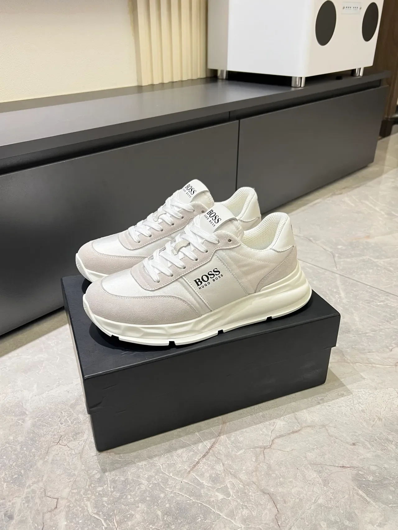 Hugo Boss Brancos Bege Sola Plataforma Upper Híbrido Textil-Suede Chunky Tênis 4