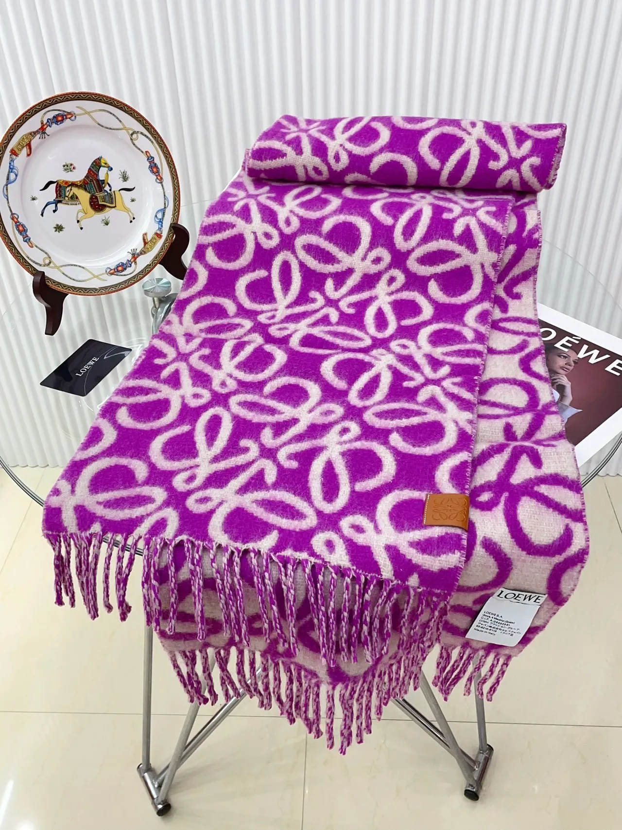 Loewe Anagram Jacquard বেঙ্গুনি ক্যাশমিয়ার স্কার্ফ 8