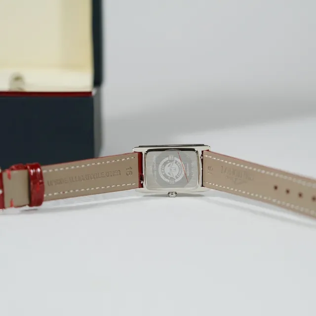 Longines Reverso Montre rectangulaire cadran blanc bracelet alligator rouge mécanique 6