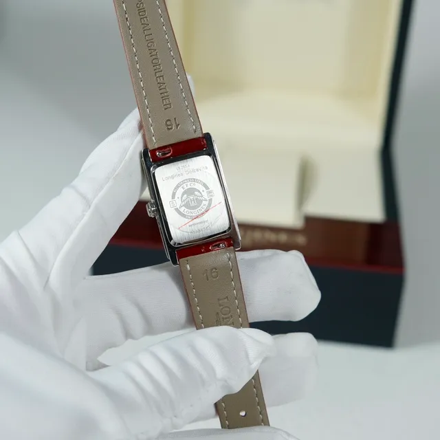 Longines Reverso Montre rectangulaire cadran blanc bracelet alligator rouge mécanique 7