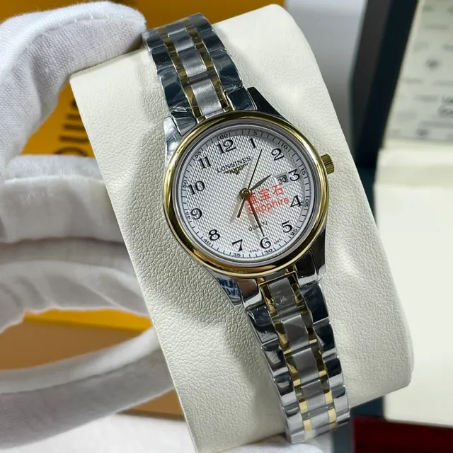 Longines चांदी और सोने का दो टोन स्टेनलेस स्टील सफेद गिलोशे डायल क्वार्ट्ज घड़ी 6
