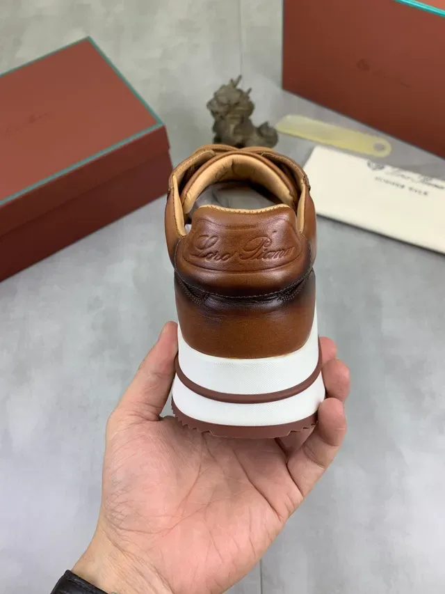 Loro Piana Sneakers Lifestyle Cuir Poli Marron Blanc Semelle Contraste 3