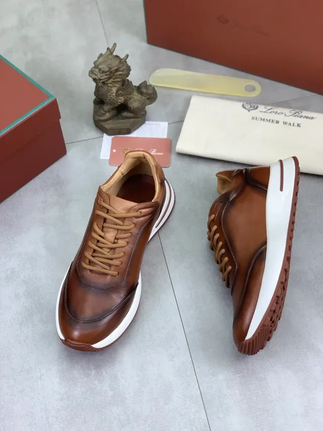 Loro Piana Sneakers Lifestyle Cuir Poli Marron Blanc Semelle Contraste 5