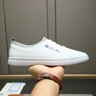Loro Piana White Leather Knit-Collar Lifestyle Sneaker