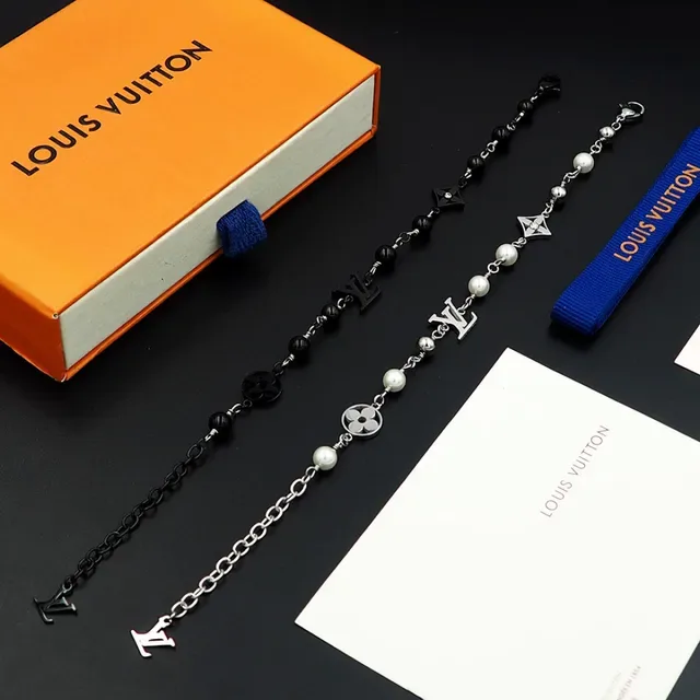Louis Vuitton Black Silver Beaded Chain Monogram Charms Bracelet 10