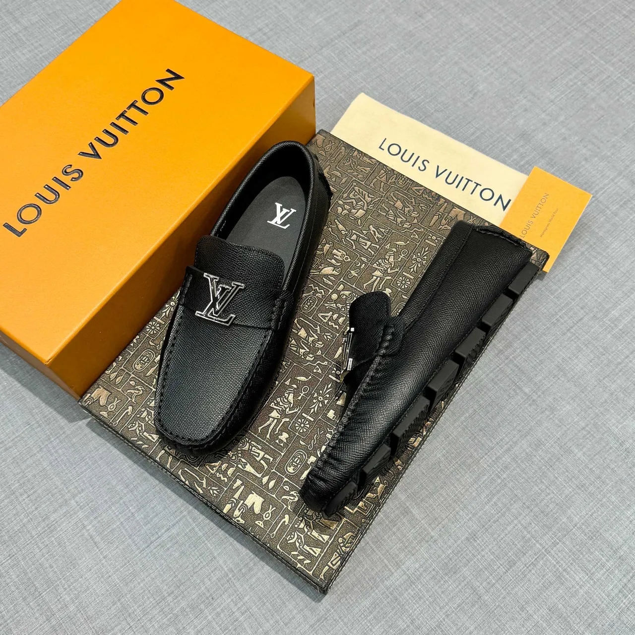 Louis Vuitton Black Silver Grained Leather Metal LV Buckle Loafer 2