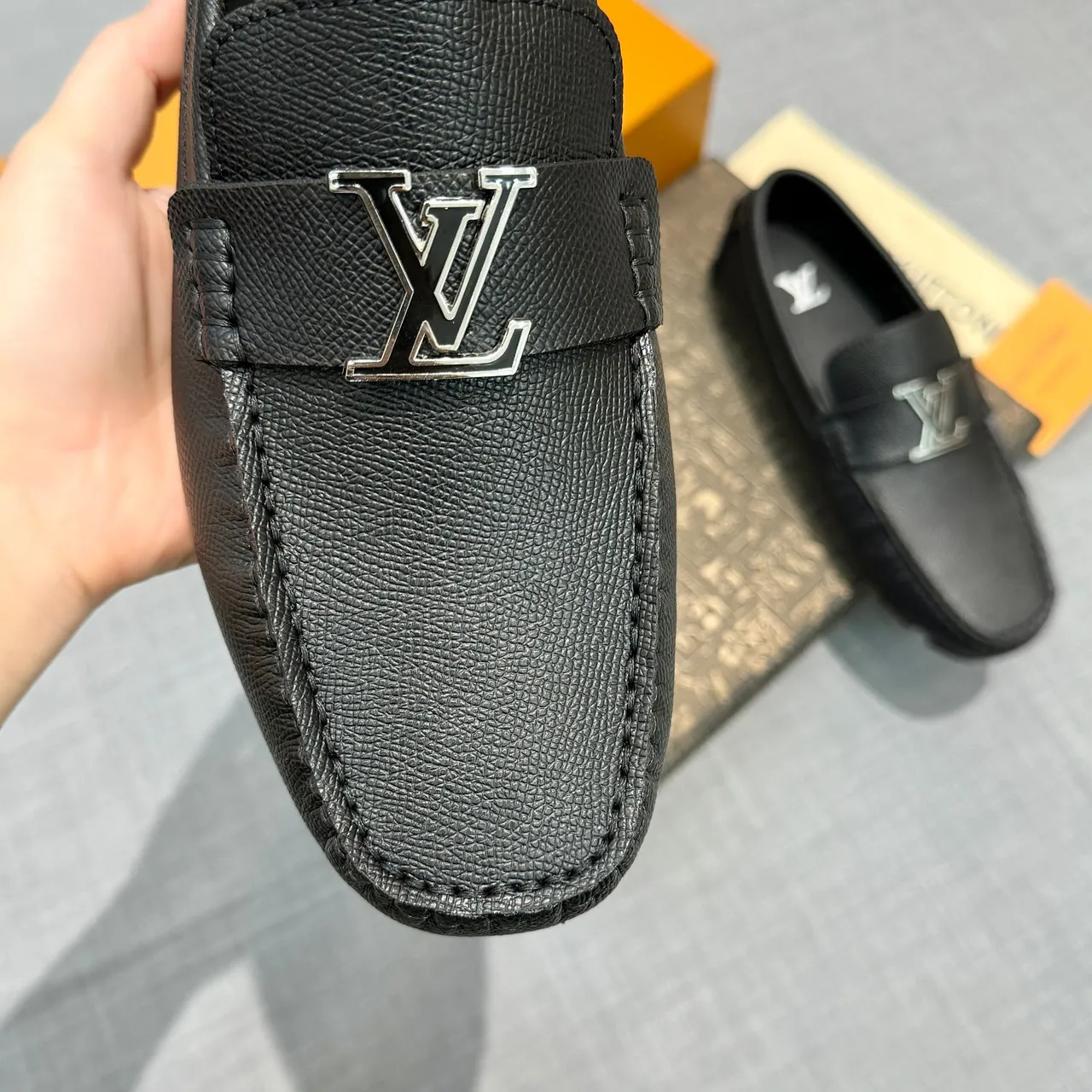Louis Vuitton Black Silver Grained Leather Metal LV Buckle Loafer 3