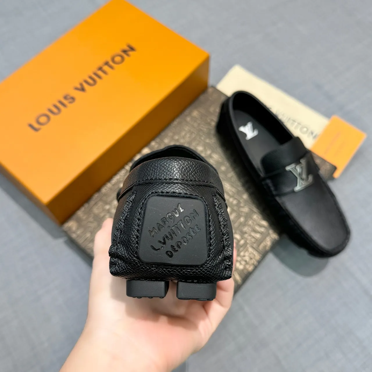 Louis Vuitton Black Silver Grained Leather Metal LV Buckle Loafer 4
