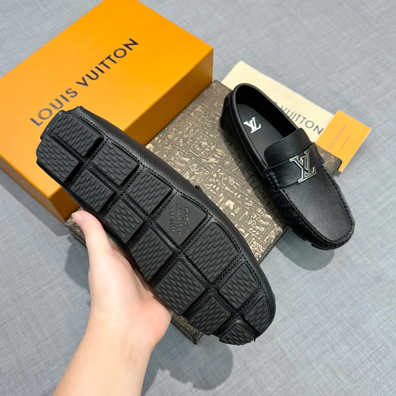Louis Vuitton Black Silver Grained Leather Metal LV Buckle Loafer 5
