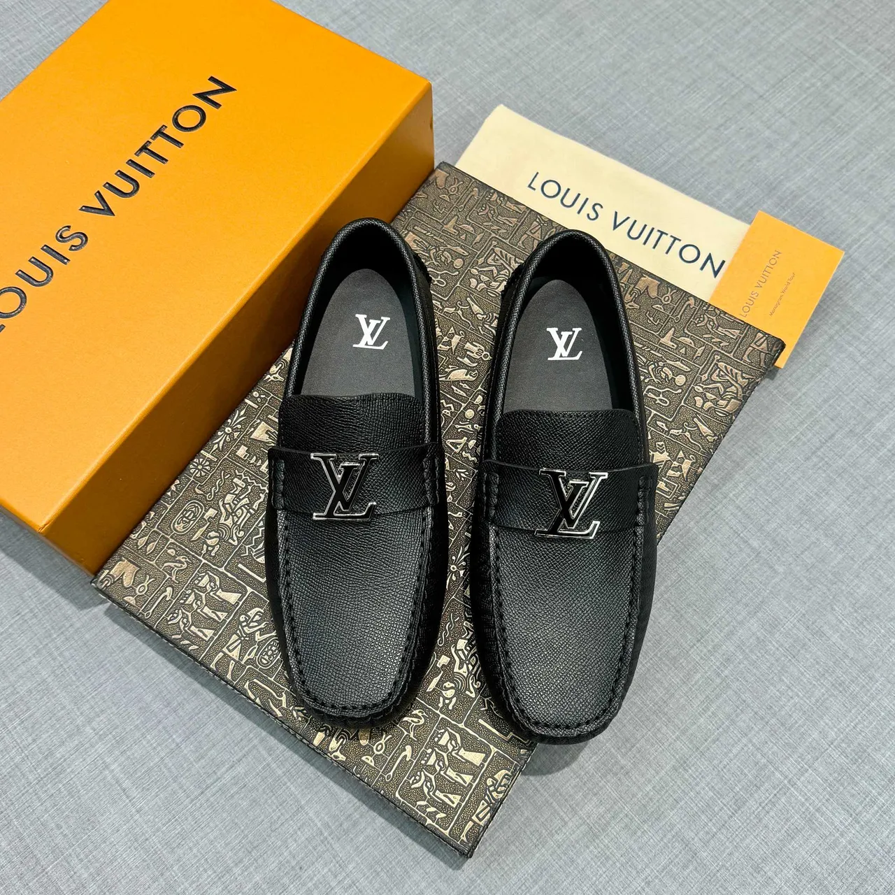 Louis Vuitton Black Silver Grained Leather Metal LV Buckle Loafer 6
