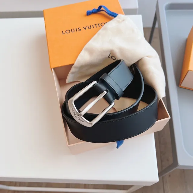 Louis Vuitton Black Silver Smooth Rectangular Buckle Leather Belt 4