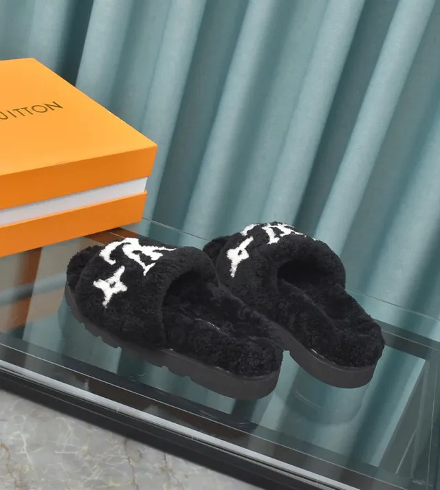 Louis Vuitton Black White Plush Shearling Upper Embroidered Monogram Strap Slippers 3