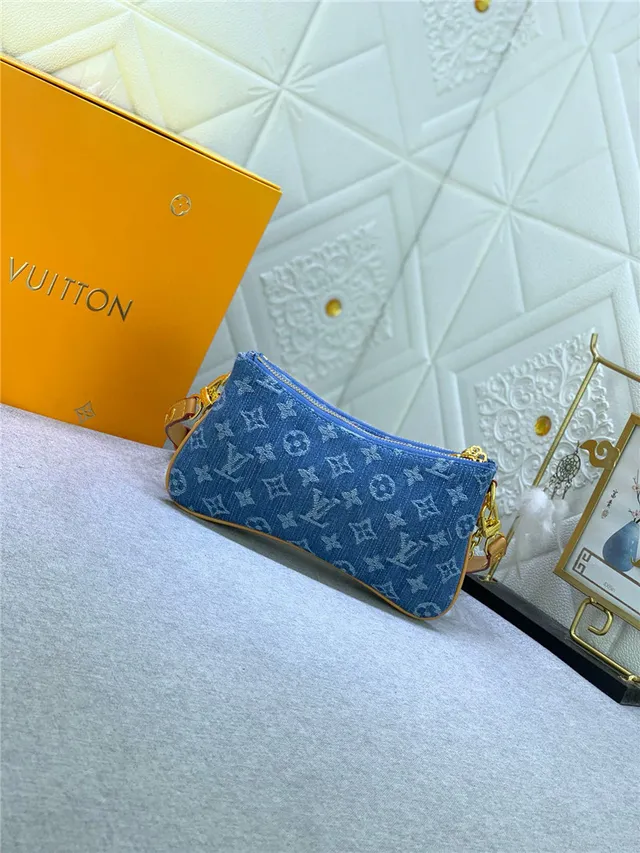 Louis Vuitton 蓝色米色牛仔效果印花帆布金色五金肩包 8
