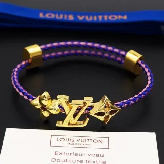 Pulsera Louis Vuitton de cordón textil trenzado azul rosa con hardware de monograma de tono dorado