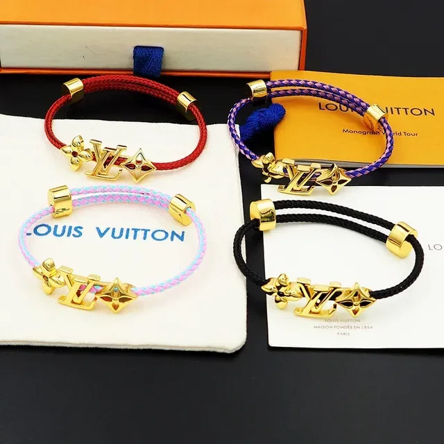 Pulsera Louis Vuitton de cordón textil trenzado azul rosa con hardware de monograma de tono dorado 3