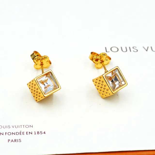 Louis Vuitton Cube Dourado Transparente Cúbico Facetado Cristal Brincos 3