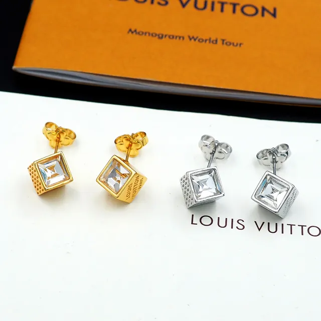Louis Vuitton Cube Dourado Transparente Cúbico Facetado Cristal Brincos 7