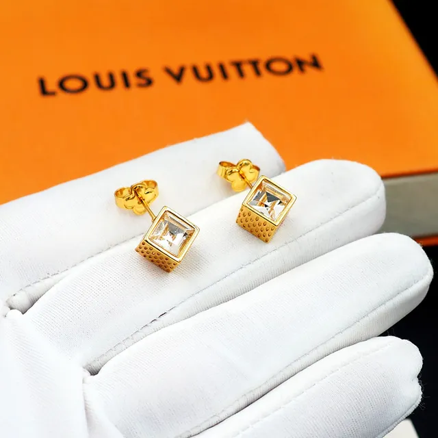 Louis Vuitton Cube Dourado Transparente Cúbico Facetado Cristal Brincos 9