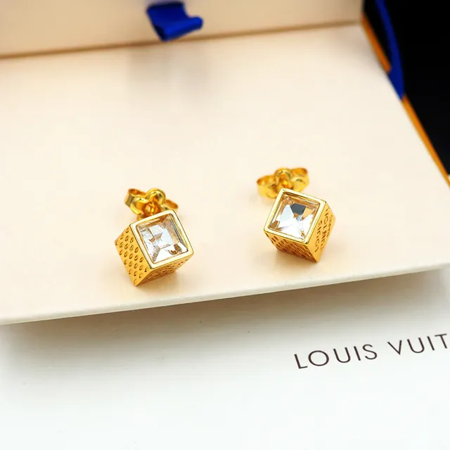 Louis Vuitton Cube Dourado Transparente Cúbico Facetado Cristal Brincos 10