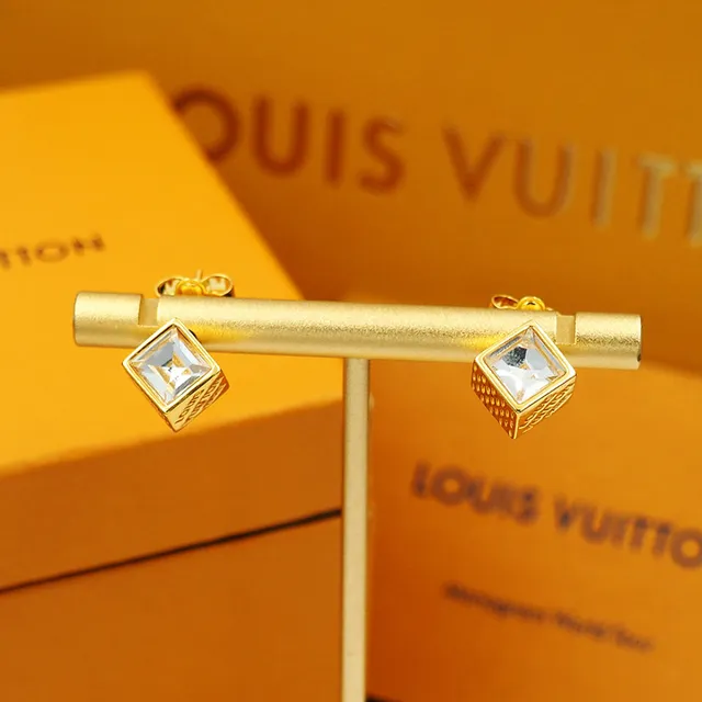 Louis Vuitton Cube Dourado Transparente Cúbico Facetado Cristal Brincos 12