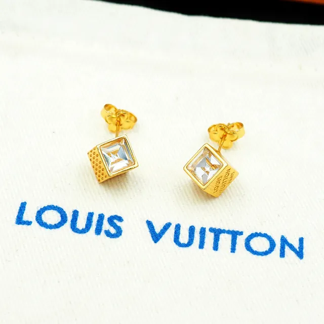 Louis Vuitton Cube Dourado Transparente Cúbico Facetado Cristal Brincos 13