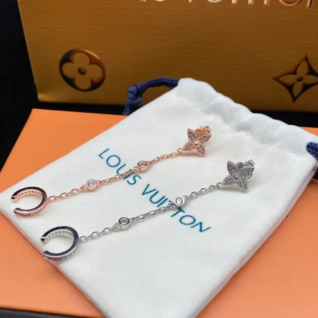 أقراط Louis Vuitton Motif Floral ذهب وردي سلسلة مكسوكة بالفصوص 3