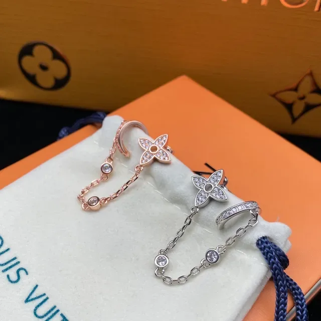 أقراط Louis Vuitton Motif Floral ذهب وردي سلسلة مكسوكة بالفصوص 6