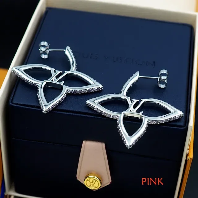 Louis Vuitton Flower Silver Pink Openwork Floral Motif Pavé-Set Stones Earrings 2