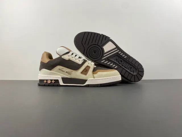 Louis Vuitton Gray Beige Layered Mixed-Material Upper Asymmetrical Sculpted Midsole Lifestyle Sneakers 12