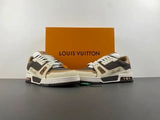 Louis Vuitton Gray Beige Layered Mixed-Material Upper Asymmetrical Sculpted Midsole Lifestyle Sneakers 13