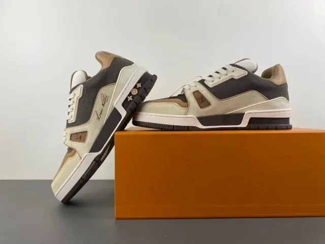 Louis Vuitton Gray Beige Layered Mixed-Material Upper Asymmetrical Sculpted Midsole Lifestyle Sneakers 14