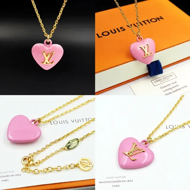 Louis Vuitton Pingente Coração Esmalte Rosa Dourado Colar 7