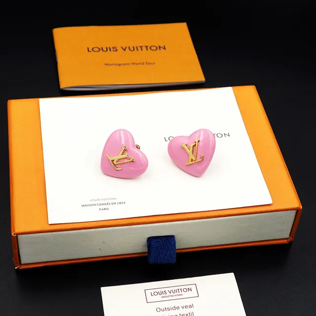 Louis Vuitton Heart-Shaped Glossy Pink Enamel and Gold-Tone LV Monogram Stud Earrings 3