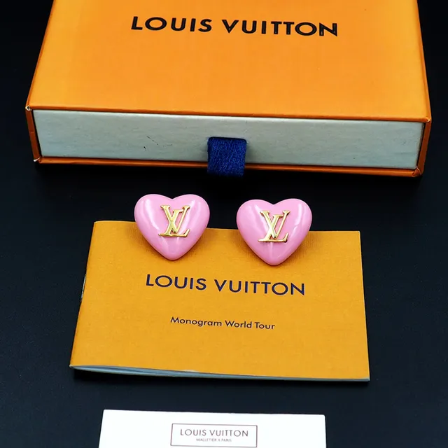 Louis Vuitton Heart-Shaped Glossy Pink Enamel and Gold-Tone LV Monogram Stud Earrings 5