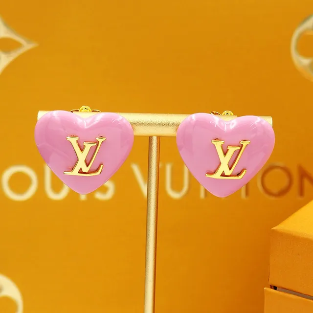 Louis Vuitton Heart-Shaped Glossy Pink Enamel and Gold-Tone LV Monogram Stud Earrings 6