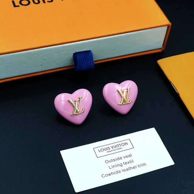 Louis Vuitton Heart-Shaped Glossy Pink Enamel and Gold-Tone LV Monogram Stud Earrings 7