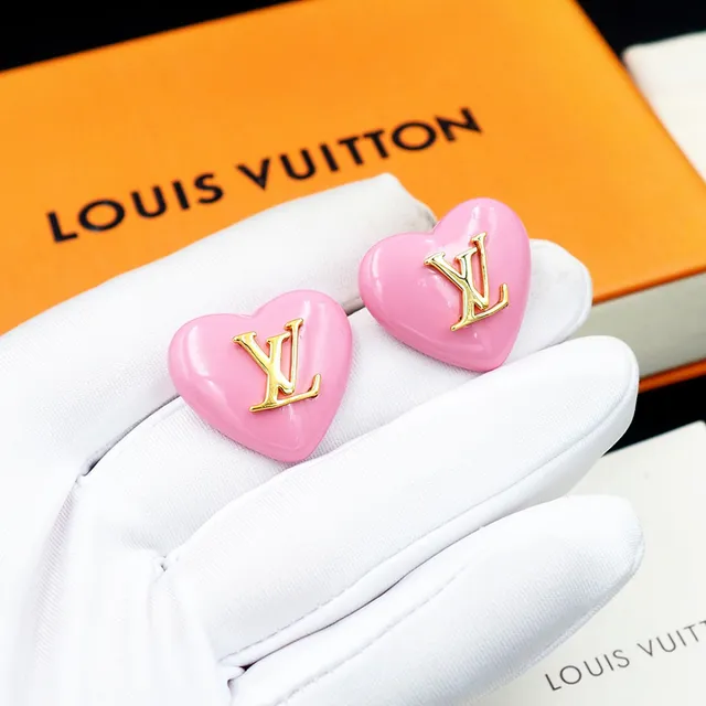 Louis Vuitton Heart-Shaped Glossy Pink Enamel and Gold-Tone LV Monogram Stud Earrings 8