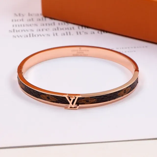 Louis Vuitton Hinged Bangle Brown Gold Monogram Canvas Inlay Bracelet 4