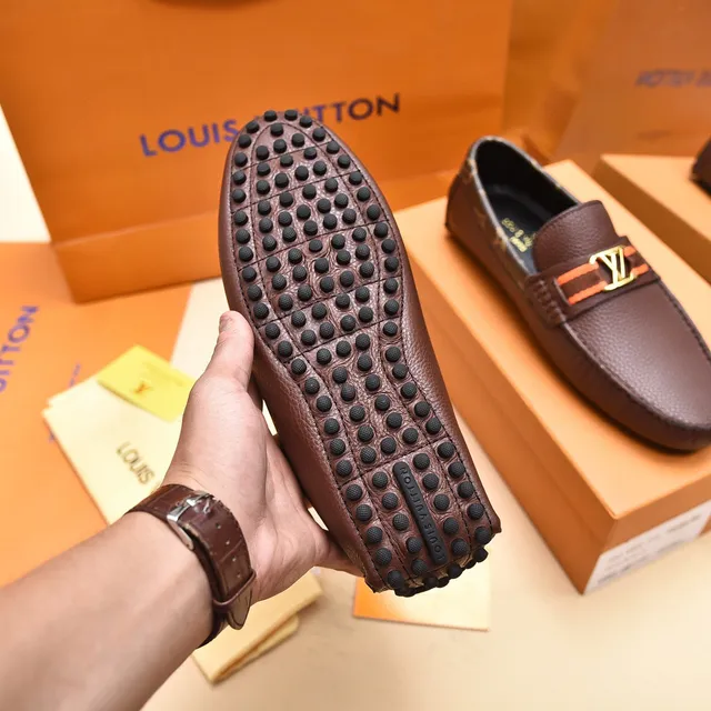 Louis Vuitton Loafer Brown Gold Pebbled Leather Monogram-Trimmed Collar Loafer 4
