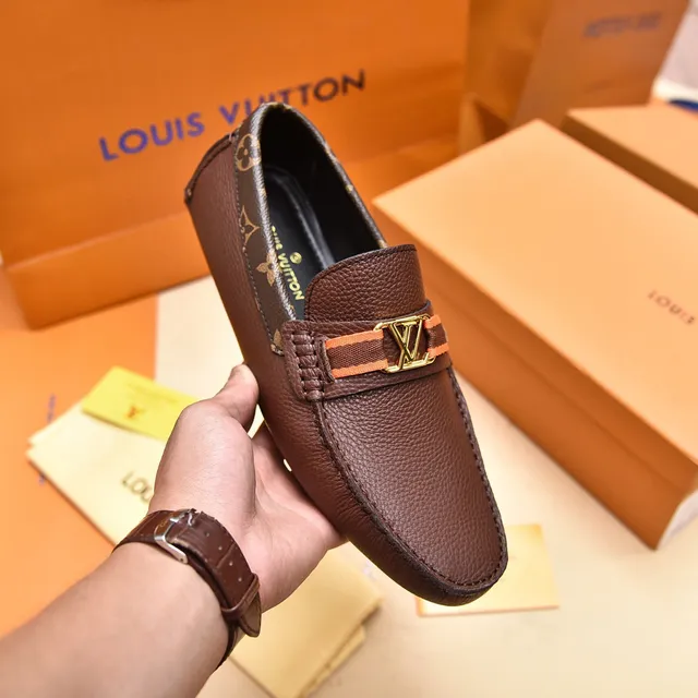 Louis Vuitton Loafer Brown Gold Pebbled Leather Monogram-Trimmed Collar Loafer 6