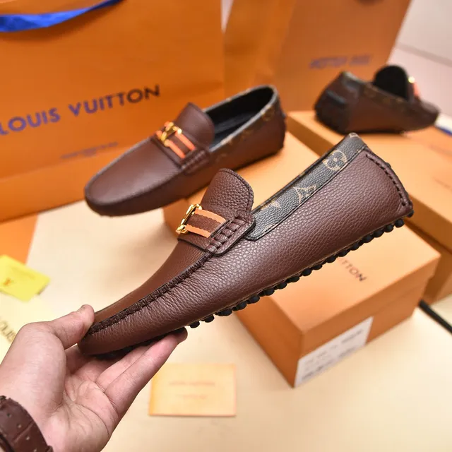 Louis Vuitton Loafer Brown Gold Pebbled Leather Monogram-Trimmed Collar Loafer 7