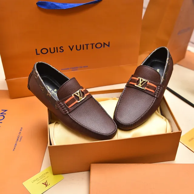 Louis Vuitton Loafer Brown Gold Pebbled Leather Monogram-Trimmed Collar Loafer 8
