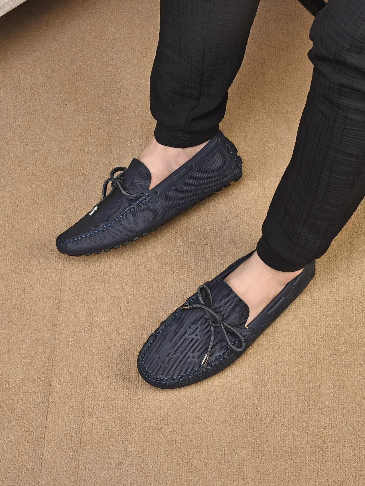 Louis Vuitton Loafer Navy Beige Monogrammed Canvas Moccasin-Stitched Vamp Loafer 2