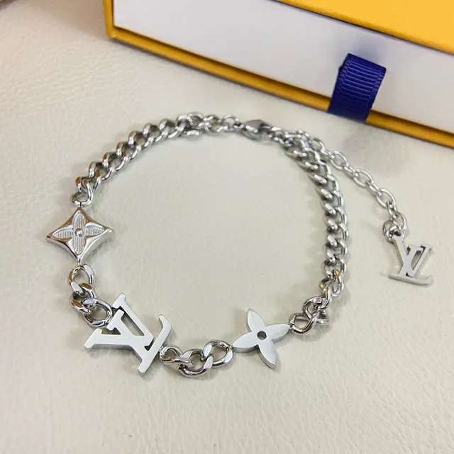 Louis Vuitton Logo Charm Curb Chain Silver Bracelet 2