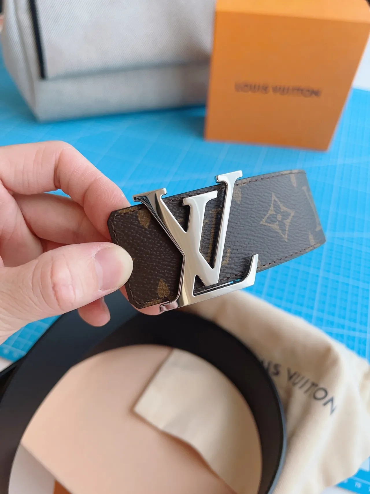 Louis Vuitton LV Initiales Brown Black Reversible Monogram Canvas Polished Silver-Tone Buckle Leather Belt 3