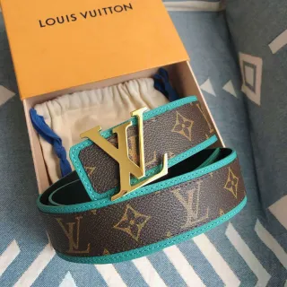Louis Vuitton LV Initiales Marrom Azul Monogram Lona Fivela dourada Cinto de couro