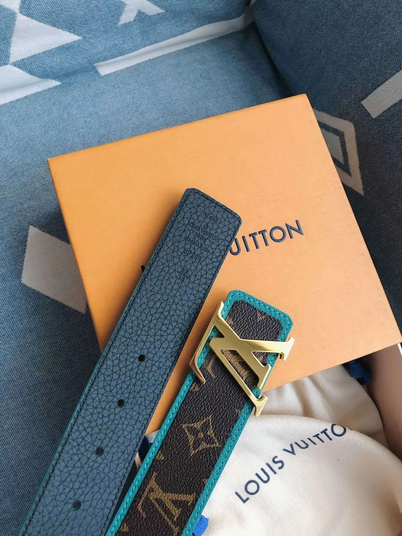 Louis Vuitton LV Initiales Brown Blue Monogram Canvas Gold-Tone Buckle Leather Belt 2