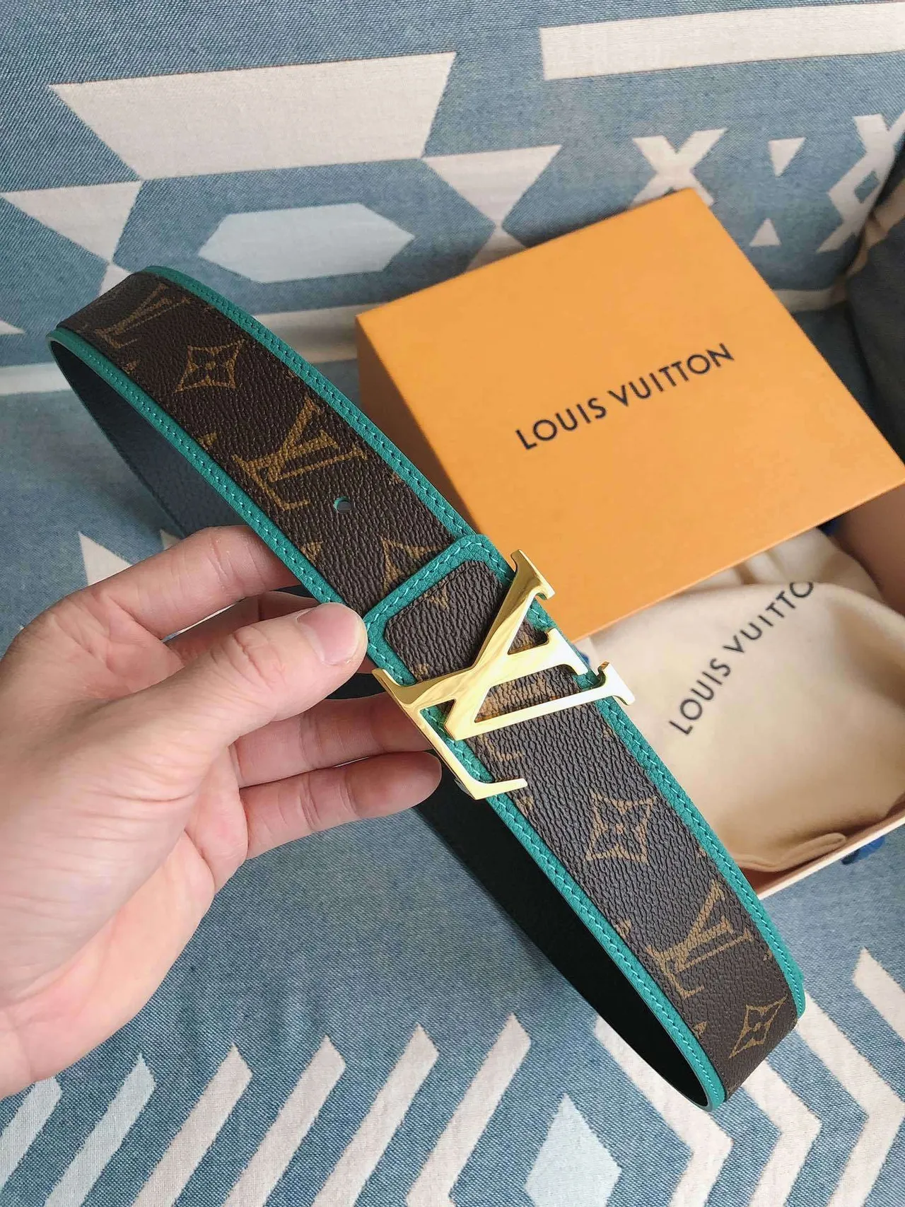 Louis Vuitton LV Initiales Brown Blue Monogram Canvas Gold-Tone Buckle Leather Belt 3