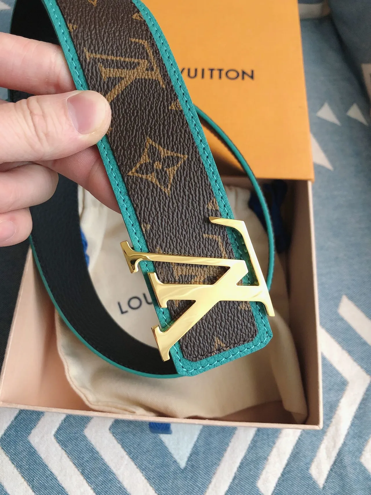 Louis Vuitton LV Initiales Brown Blue Monogram Canvas Gold-Tone Buckle Leather Belt 5