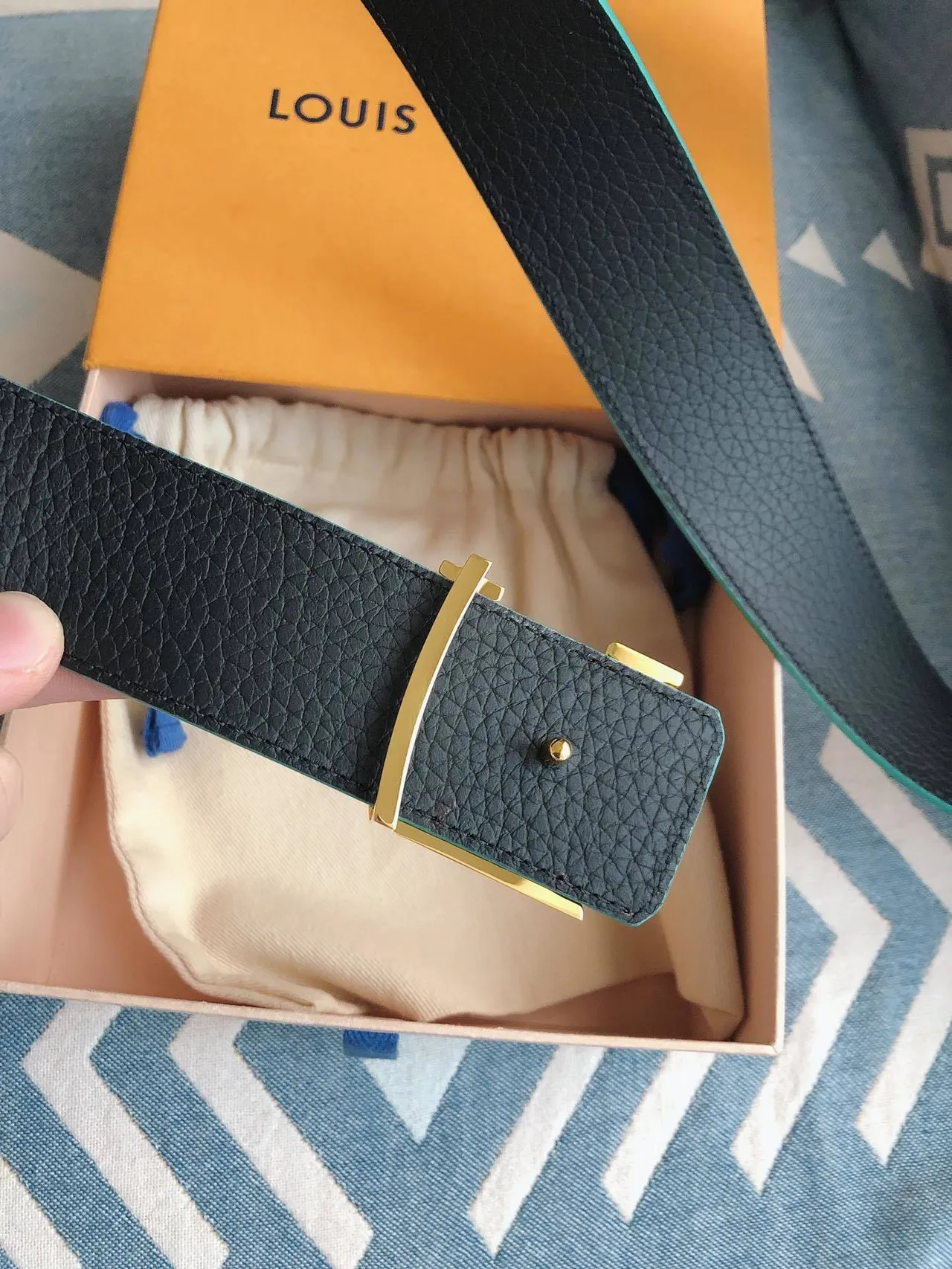 Louis Vuitton LV Initiales Brown Blue Monogram Canvas Gold-Tone Buckle Leather Belt 7